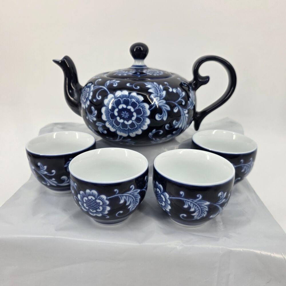 Pier 1 Imports Mandarin Teapot 32oz 4 Cups 4oz Set Cobalt Blue White Porcelain